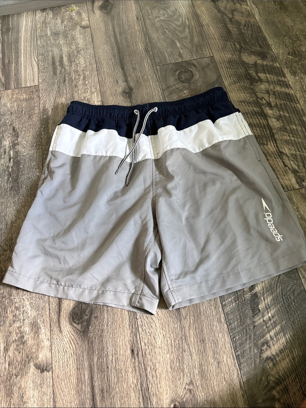 Speedo Men's Gray Swim Shorts with Navy & White Waistband